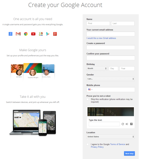 This image shows you what you should see when you create a google account